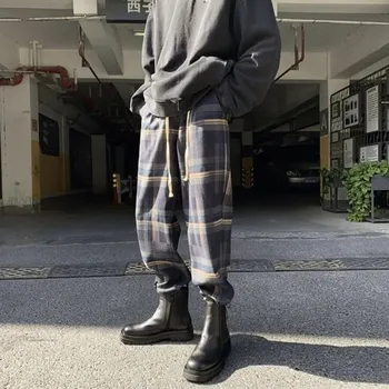 2022 naujas pledas haremo kelnės, vyriški prarasti pavasario tendencija platus-kojos raištelį Japonijos retro kontrasto spalvų kelnės rudenį