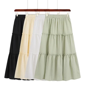 2023 Moterų vasarą šviežios vientisos spalvos sijonas aukštu juosmeniu plisuotos tortas sijonas temperamentas universalus, vidutinio ir ilgas sijonas