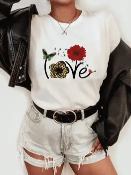 Atsitiktinis Grafinis T-shirts Mados Atspausdintas Trumpas Rankovės Meilės Gėlių Tendencija 90s Tee T Moterų Drabužių Vasaros moteriškų Rūbų