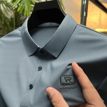 Aukštos klasės mados išsiuvinėti vyriški polo marškinėliai Trumpas rankovėmis vasarą naujų verslo atsitiktinis cool ledo šilko kvėpuojantis atvartas, T-shirt