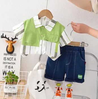Bamblys berniuko drabužių komplektus Vasarą vaikai Dryžuotas kratinys savo Ruožtu-apykaklė apykaklės trumpas rankovės marškinėliai džinsinio šortai, sportiniai kostiumai