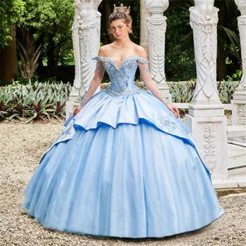 Dangus Mėlynas Charro Quinceanera Suknelės Kamuolys Suknelė Ilgomis Rankovėmis Tiulio Appliques Perlai Meksikos Saldus 16 Suknelės 15 Anos