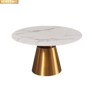 Dizaineris Prabangus turas vakarienė Marmuro Uolos Plokštė valgomojo stalo rinkinys, 6 kėdės mesas comedor baldai marbre Nerūdijančio plieno aukso bazės