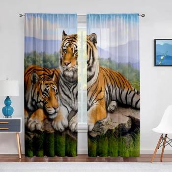Du Tigrai, Gulintį ant Akmens Mėlynas Dangus Tiulio vienspalviai voile Užuolaidos, skirtą Kambarį Namuose Virtuvės Dekoro Miegamojo Lango Vien Užuolaidos Užuolaidos