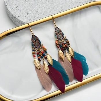 Europos ir Amerikos mados vandens lašas plunksnų auskarai, derliaus nacionalinės stiliaus kūrybos asmeninį auskarai