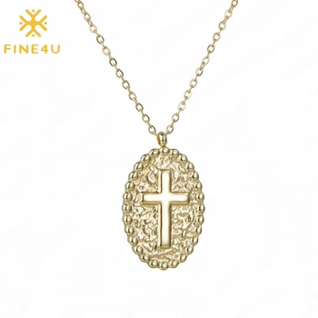 FINE4U N760 Moterų Krikščionių Papuošalai Kryžiaus Medalis Pakabukas Karoliai, Aukso Spalvos Tikėjimo Kryžius Religinių Karoliai