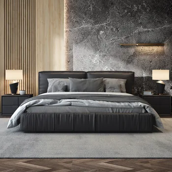 Italijos minimalistinio oda lova, tatamio minkšta lova, modernus minimalistinio 1.8 metrų miegamasis, high-end ramioje stiliaus aikštėje oda