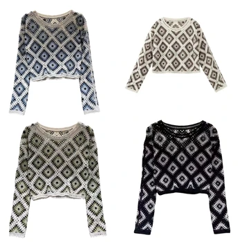 Moteriški Tuščiaviduriai Megztiniai ilgomis Rankovėmis Marškinėliai Nėrimo Rhombus Pledas Padengti Iki Megztinis Viršuje 10CF