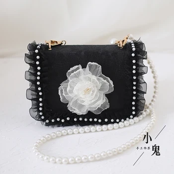 Originalus Juoda ir Balta Lolita Nėrinių Vakarų Stiliaus Gėlių Rankinėje Crossbody Krepšys