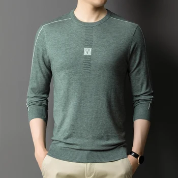 Prabangūs, aukštos kokybės rudenį plonas megztinis vyrams mados žakardo didelių palaidų long sleeve T-shirt vyrų apvalios kaklo megztinis (puloveris)