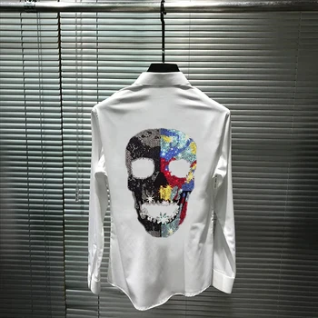 Prekės ženklo Asmenybės vyriški Marškiniai Su Karšto Gręžimo Kaukoles Plius Dydis M-5XL Slim Kvėpuojantis Mados ilgomis Rankovėmis