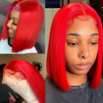 Raudoni Nėriniai Priekiniai Žmogaus Plaukų Perukai Moterims HD Skaidrus Nėriniai Tiesiai Trumpas Perukai PrePlucked Karšta Raudona Bob Perukas Brazilijos Remy Plaukų