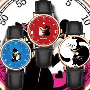 Sdotter 2022 Naujas Moterų Kvarco Žiūrėti Cute Kačių Spausdinti Dail Odos Laikrodžiai Viršų Markės Mados Atsitiktinis Laikrodis Reloj Mujer Montre F