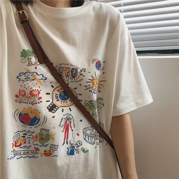 Trumparankoviai White T-Shirt Moterų 2023 Vasaros Korėja Stilius Laisvas Animacinių filmų Spausdinti Tee Negabaritinių Kietas Harajuku Studentų Drabužiai