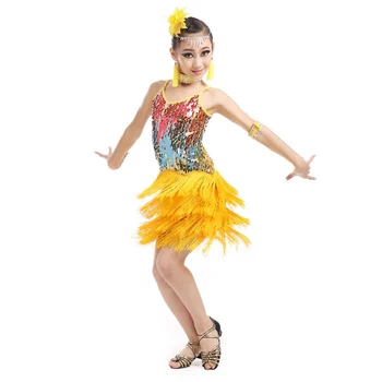 Vaikai Tango Sijonas Kutas Šokių Suknelę Mergaitėms Blizgančiais Šokių Komplektus Dancewear Pakraštyje Flapper Suknelė Sportinių Kostiumų