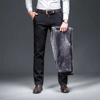 Vyriškos kelnės vidutinio amžiaus šiltas, storas, ilgas kelnes vyrai džinsai Rudens ir žiemos tiesiai purus vilnos vyrų džinsai Didelis dydis 42