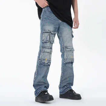 Y2K Multi-kišenės Plauti Derliaus Streetwear Baggy Atsitiktinis Džinsus Unisex Tiesiai Negabaritinių Kratinys Laisvi Vyrai Džinsinio audinio Kelnės