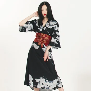 Yukata Moteris Kimono Japonų Stiliaus 2023 Naujas Sakura Su Kranu Spausdinti V Kaklo Spliting Suknelė Prarasti Ilga Suknelė Moterų Vestido FF3816
